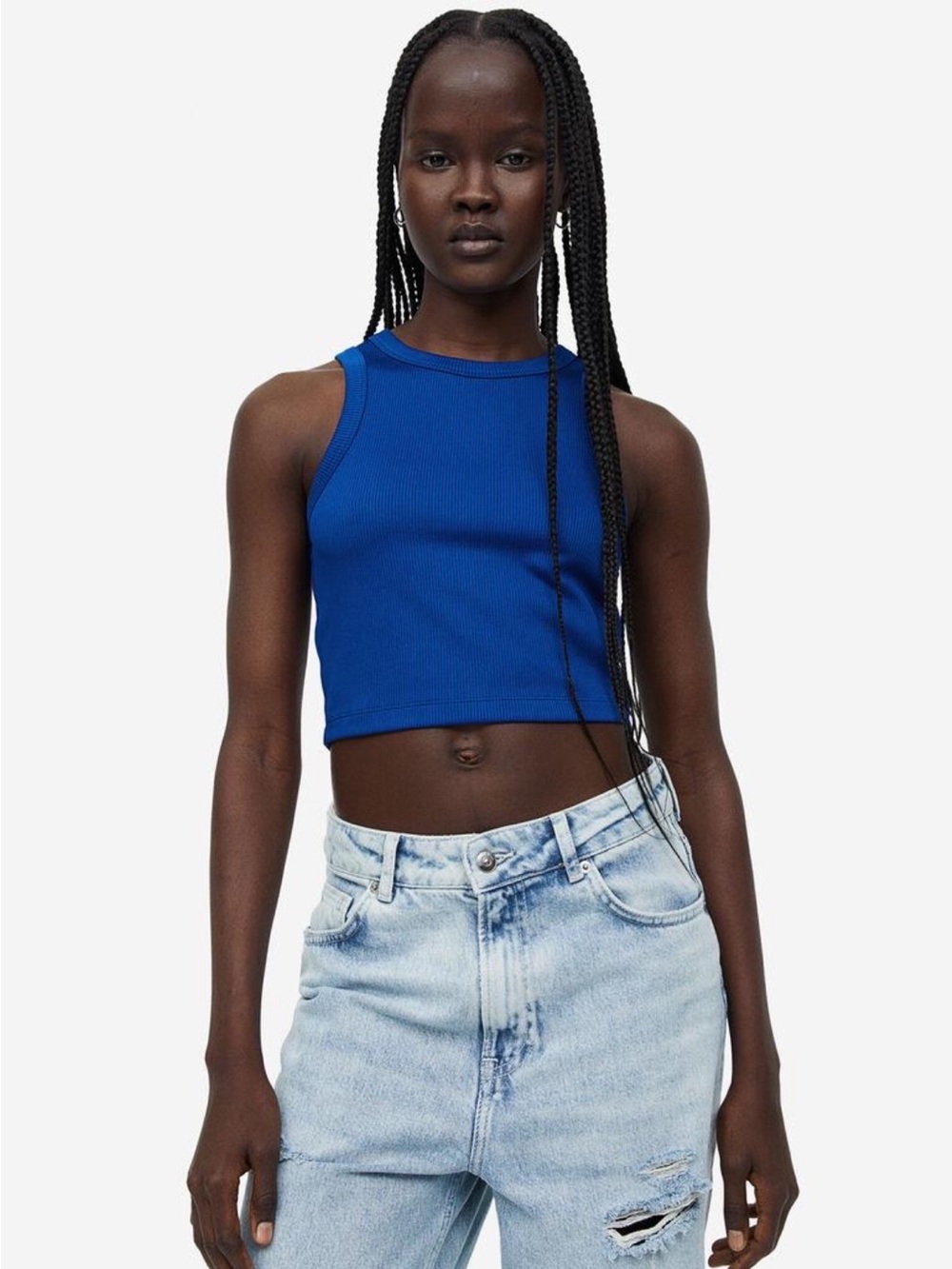 H&M Blue Ribbed High Neck Crop Tank Top XL